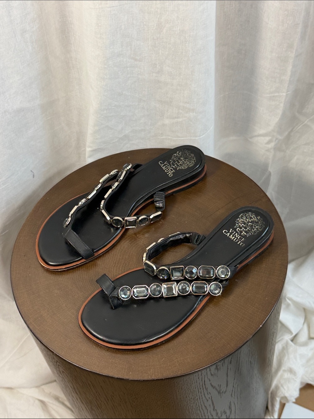 Vince Camuto Black Jeweled Toe-Loop Sandals